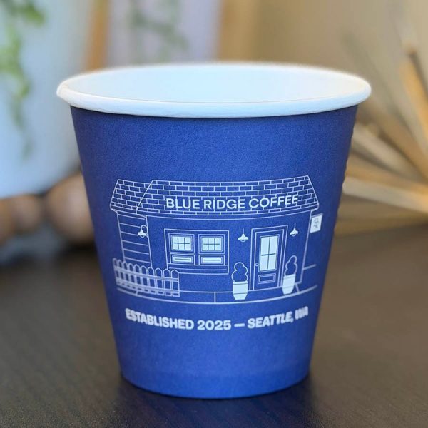 Pla-lined 8 oz compostable hot cup, PFAS-free, single product shot