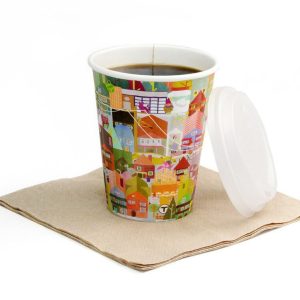 Pla-lined 8 oz compostable hot cup, PFAS-free, single product shot