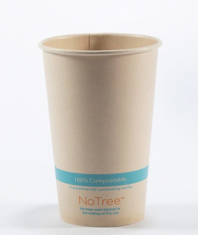 Pla-lined 16 oz compostable cold cup in foodservice setting