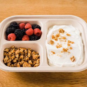 Pla-lined 29 oz compostable fiber lunch tray, PFAS-free, single product shot