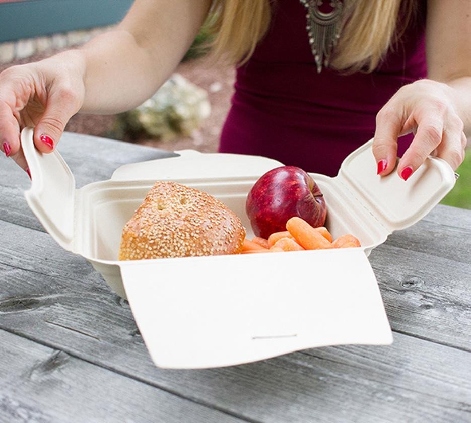 48 oz compostable fiber to-go box with food serving example
