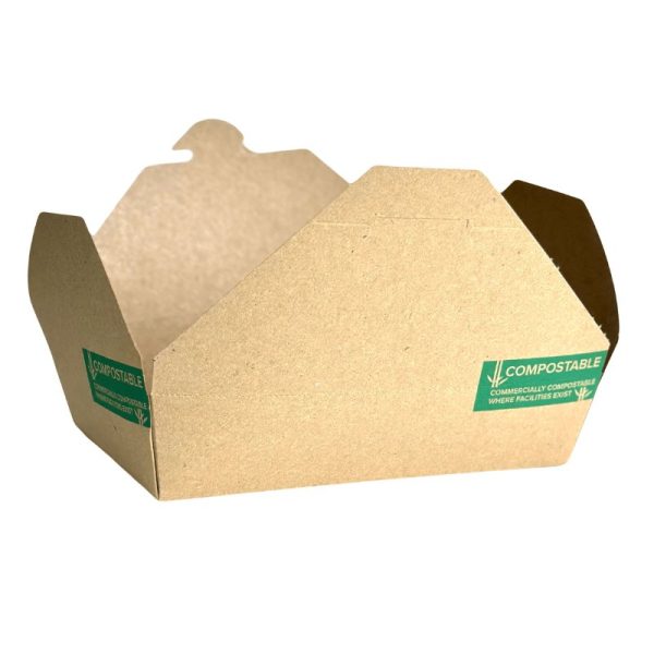 Pla-lined 36 oz compostable food container with food serving example