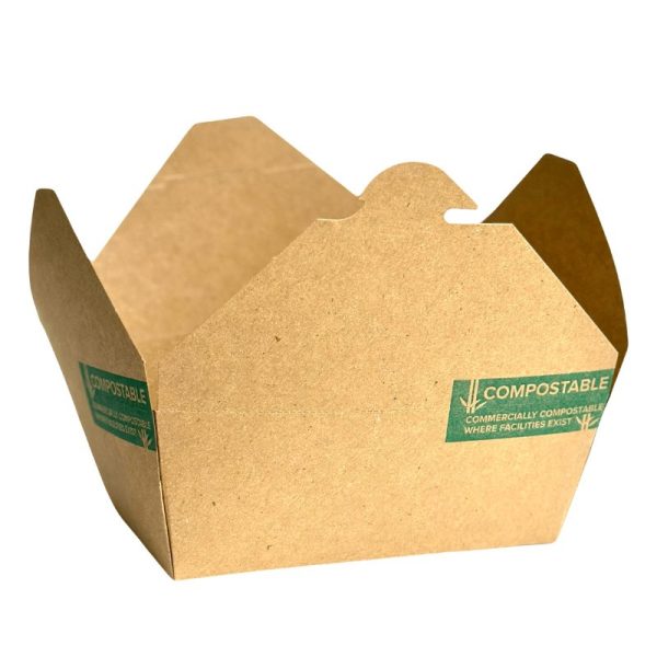 Pla-lined 75 oz compostable food container with food serving example