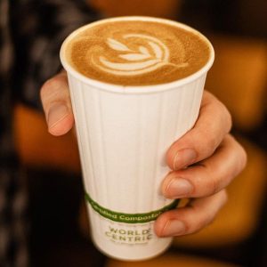 Pla-lined 16 oz compostable hot cup with food serving example