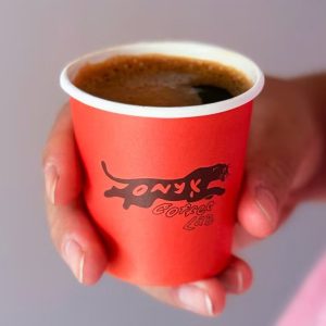 Pla-lined 4 oz compostable hot cup, PFAS-free, single product shot